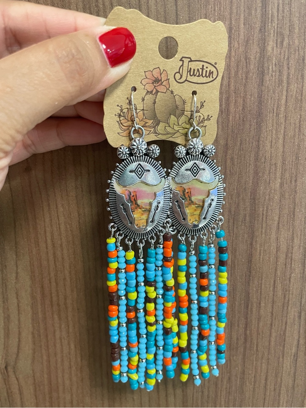 Justin Boots Silver-Tone Turquoise Orange Yellow Beaded Fringe Earrings